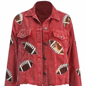 Women's Red Football Print Jean Jacket